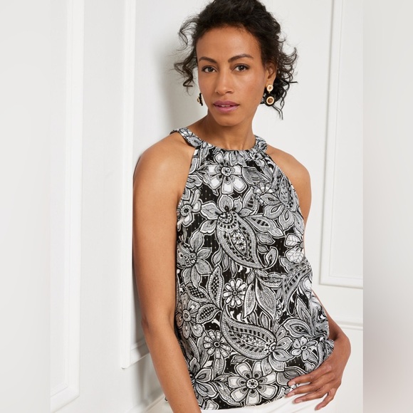 Talbots Etched Paisley Halter Top Size XL $79 Metallic Coastal Black White Gold - Picture 1 of 12